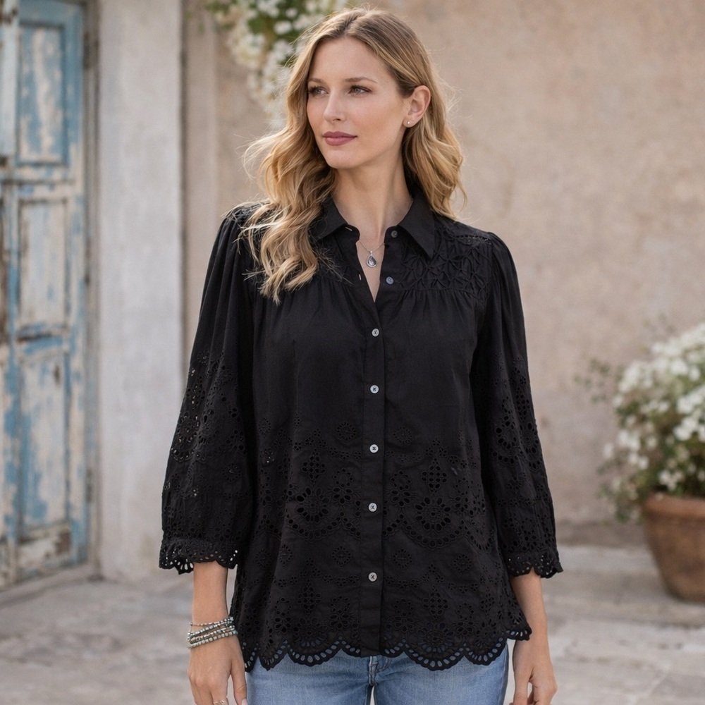 NWT - Sundance - Black Eyelet Button Front Blouse